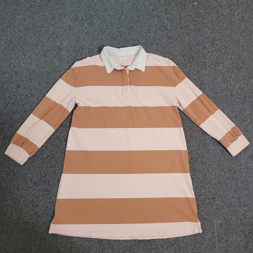 Old Navy XL 14-16 Rugby Polo Dress Girls Tan Pink Striped Long Sleeve Cotton